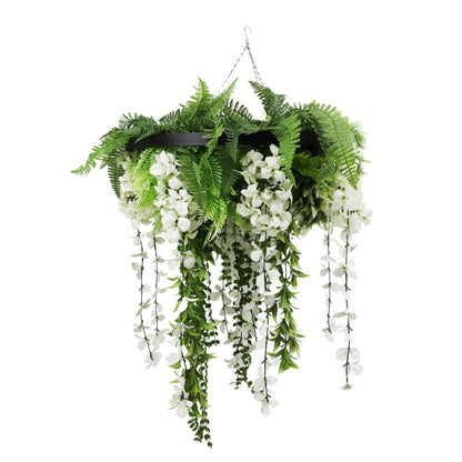 Black Framed Roof Hanging Disc With Draping Life-Like Wisteria Flowers UV Resistant 60cm V637-DP7778001B