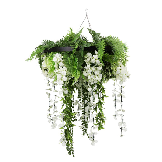 Black Framed Roof Hanging Disc With Draping Life-Like Wisteria Flowers UV Resistant 60cm V637-DP7778001B