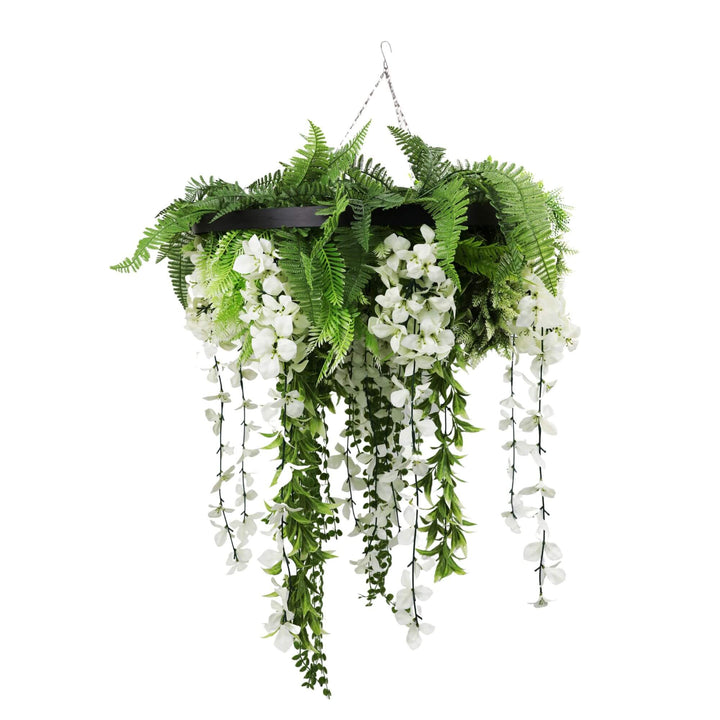 Black Framed Roof Hanging Disc With Draping Life-Like Wisteria Flowers UV Resistant 60cm V637-DP7778001B