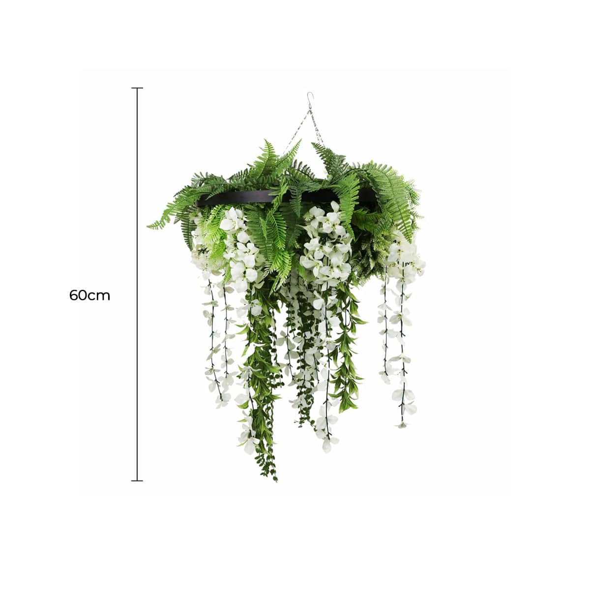 Black Framed Roof Hanging Disc With Draping Life-Like Wisteria Flowers UV Resistant 60cm V637-DP7778001B