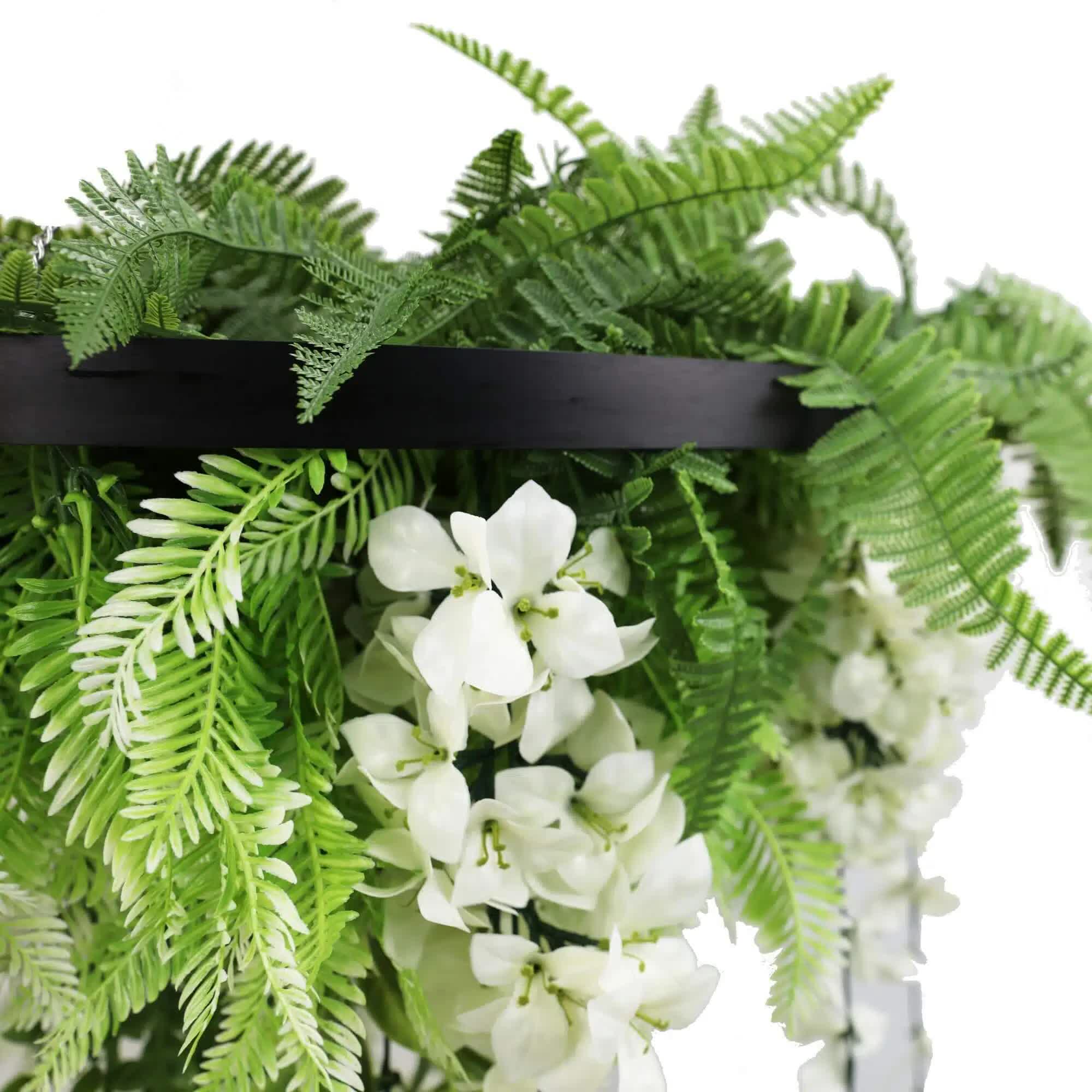 Black Framed Roof Hanging Disc With Draping Life-Like Wisteria Flowers UV Resistant 60cm V637-DP7778001B