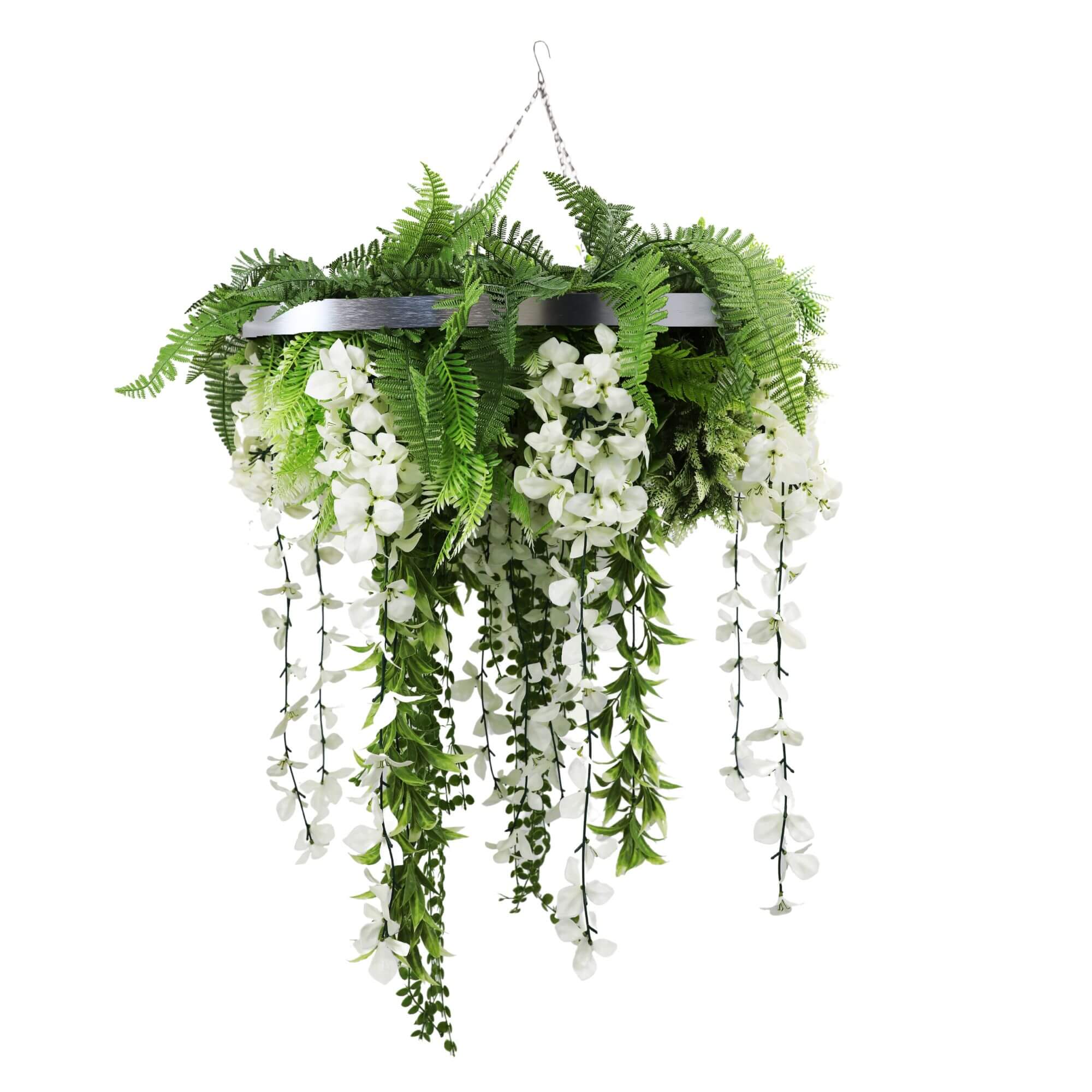 Silver Framed Roof Hanging Disc With Draping Life-Like Wisteria Flowers UV Resistant 60cm V637-DP7778001S