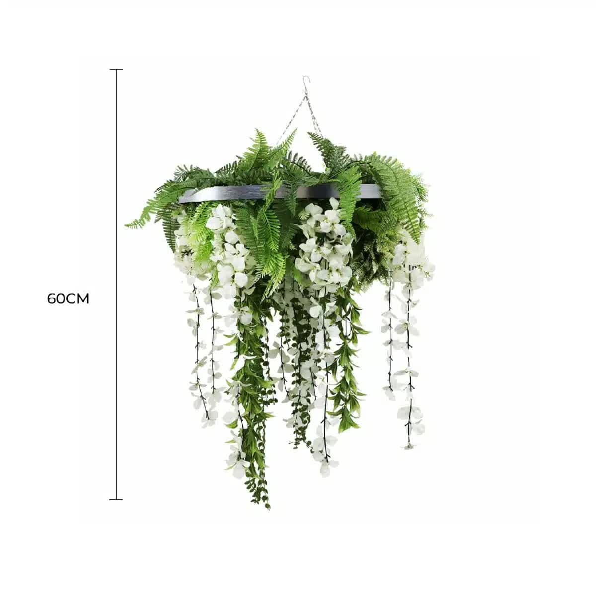 Silver Framed Roof Hanging Disc With Draping Life-Like Wisteria Flowers UV Resistant 60cm V637-DP7778001S