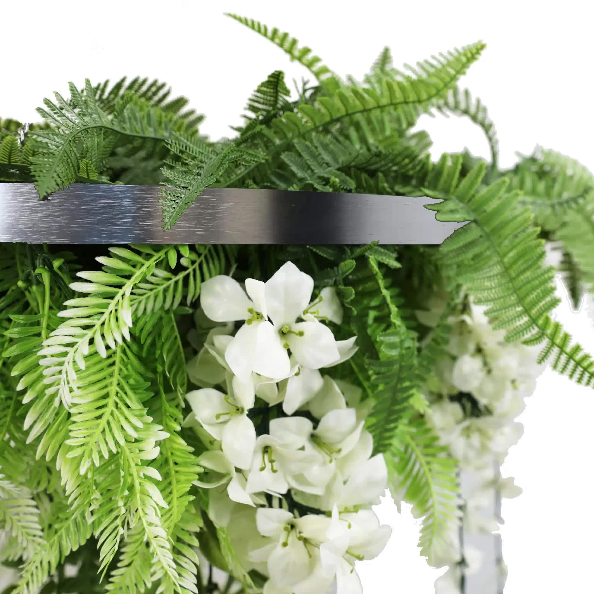 Silver Framed Roof Hanging Disc With Draping Life-Like Wisteria Flowers UV Resistant 60cm V637-DP7778001S