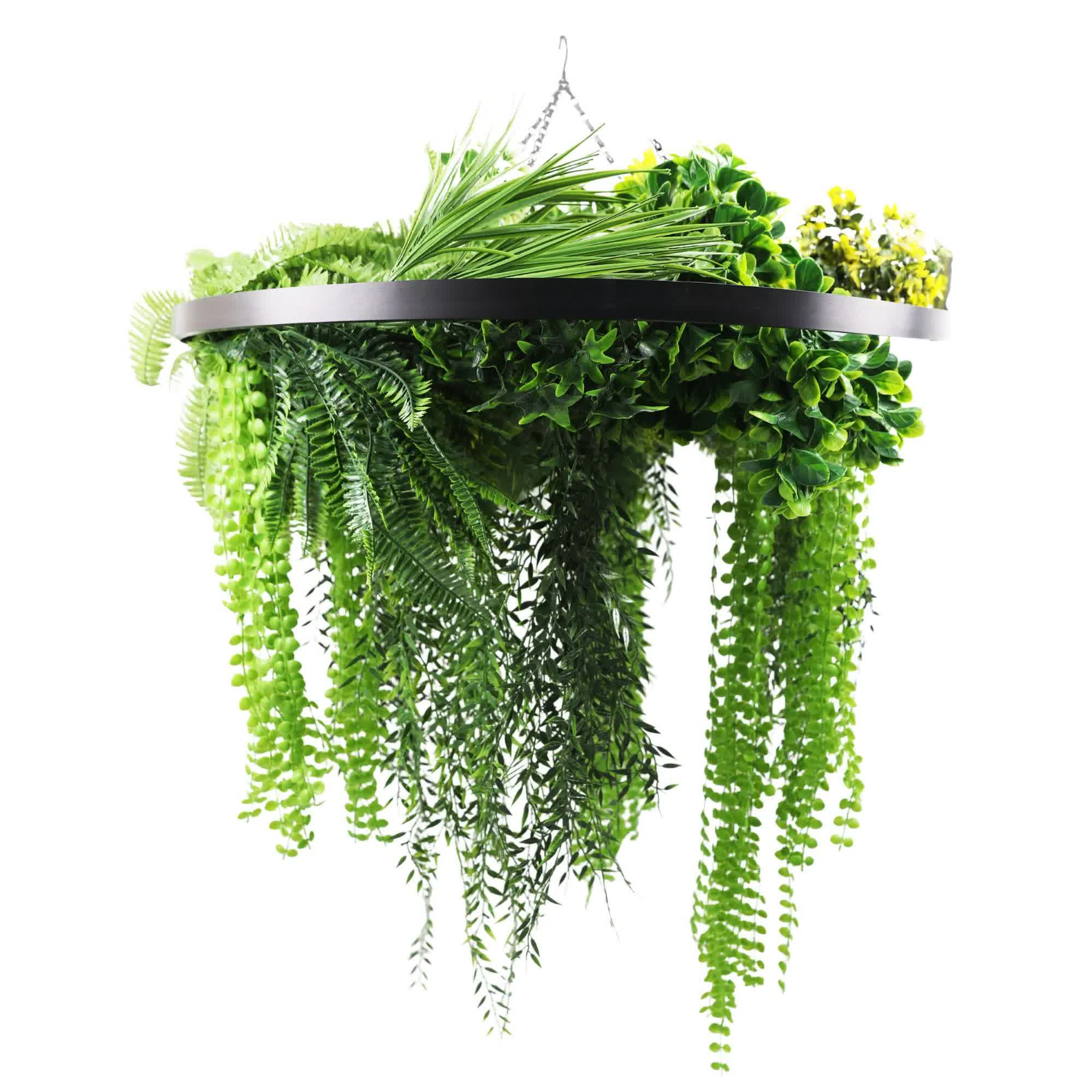 Black Framed Roof Hanging Disc With Draping Life-Like Ferns and Plants 80cm UV Resistant V637-DP80100