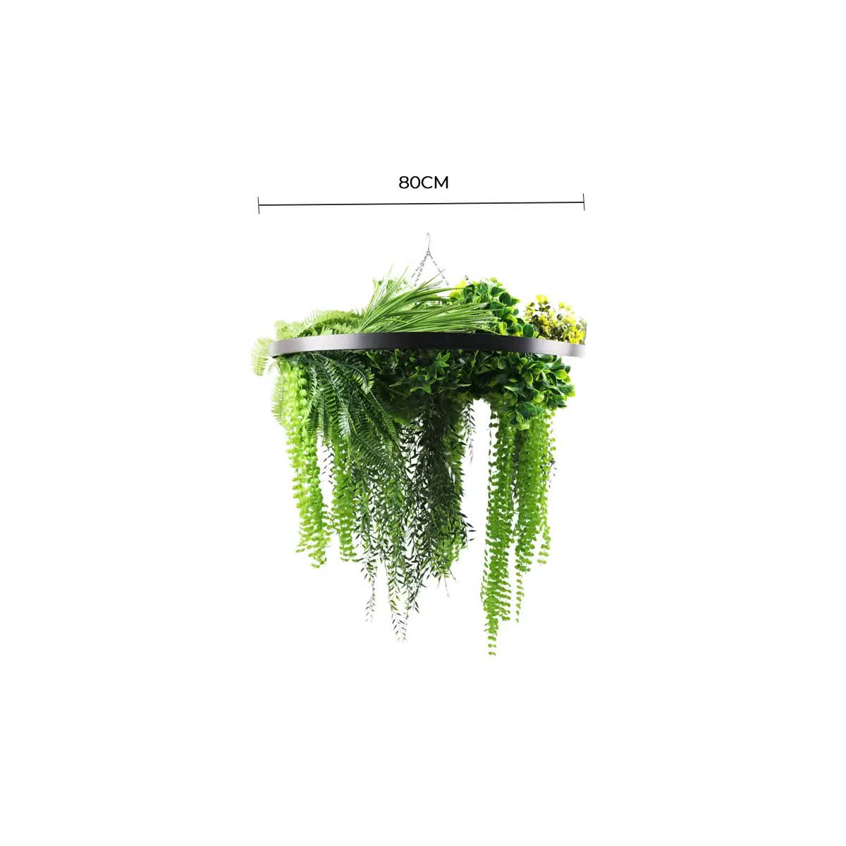 Black Framed Roof Hanging Disc With Draping Life-Like Ferns and Plants 80cm UV Resistant V637-DP80100