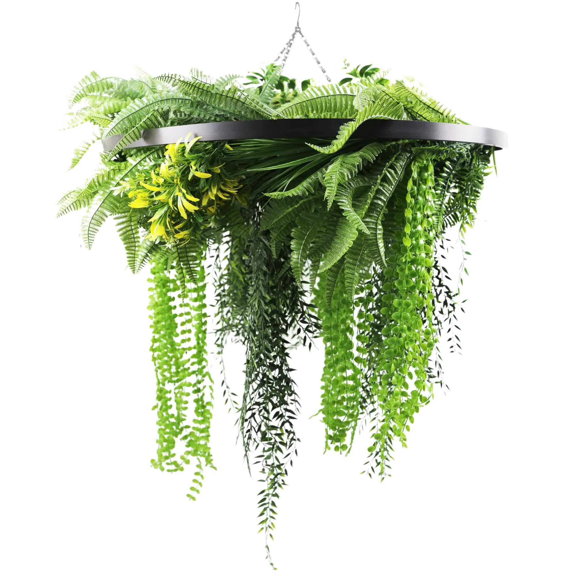 Black Framed Roof Hanging Disc With Draping Life-Like Ferns and Plants 80cm UV Resistant V637-DP80100