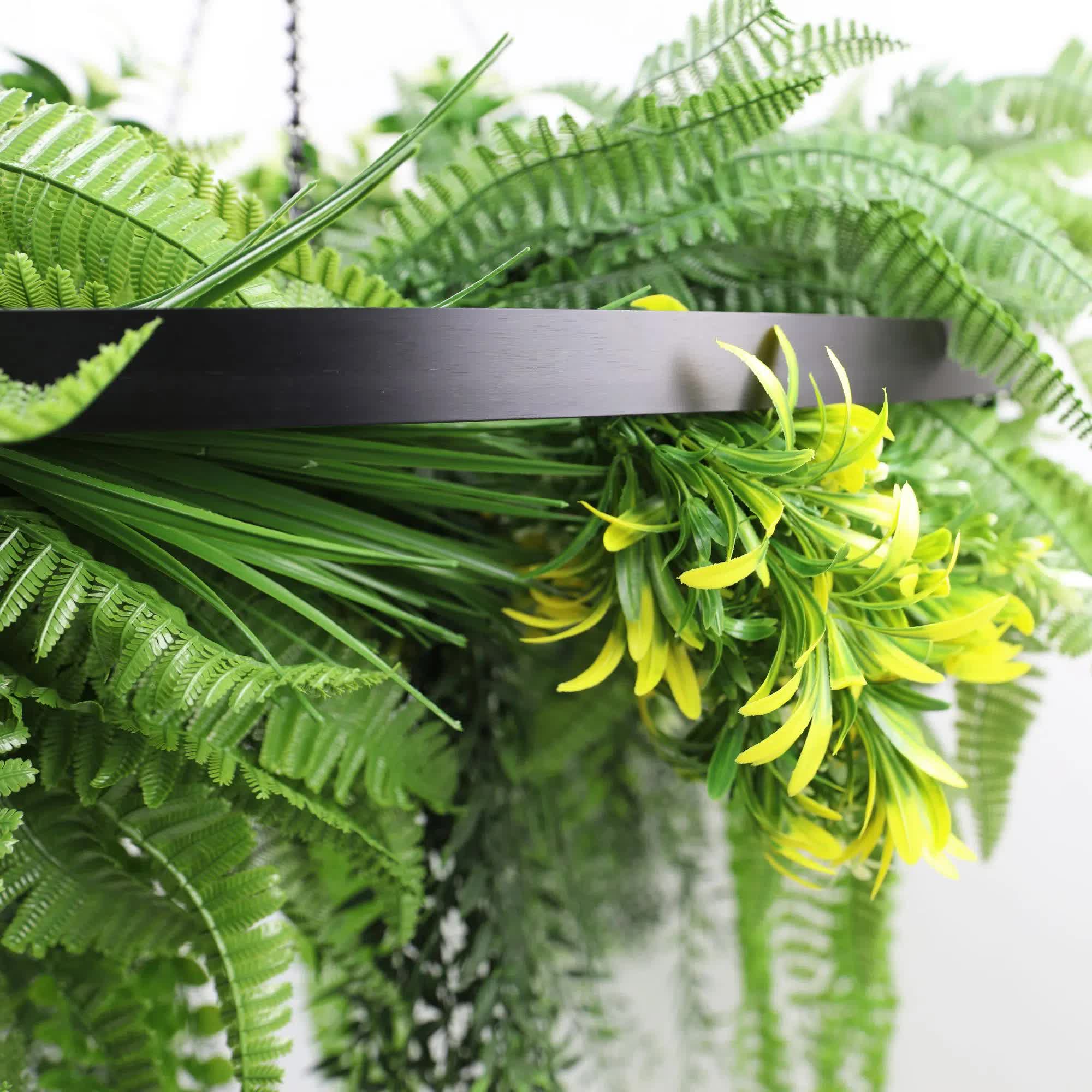 Black Framed Roof Hanging Disc With Draping Life-Like Ferns and Plants 80cm UV Resistant V637-DP80100