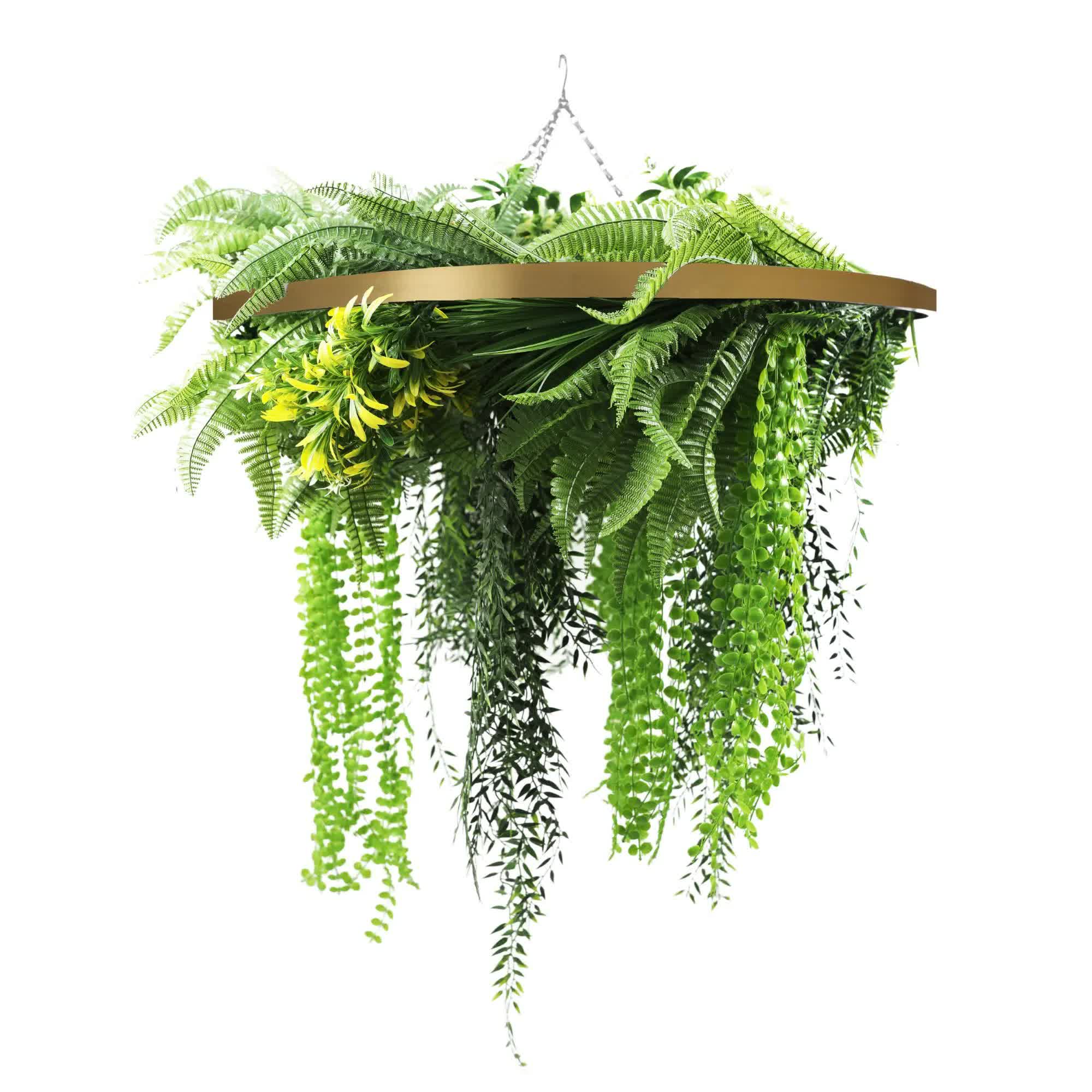 Gold Framed Roof Hanging Disc With Draping Life-Like Ferns and Plants 80cm UV Resistant V637-DP80101