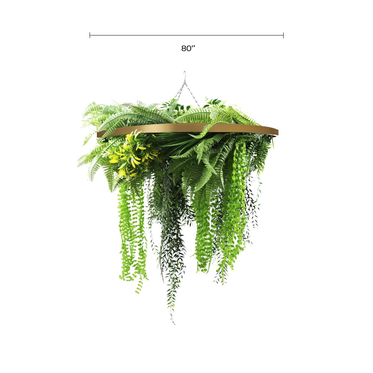 Gold Framed Roof Hanging Disc With Draping Life-Like Ferns and Plants 80cm UV Resistant V637-DP80101