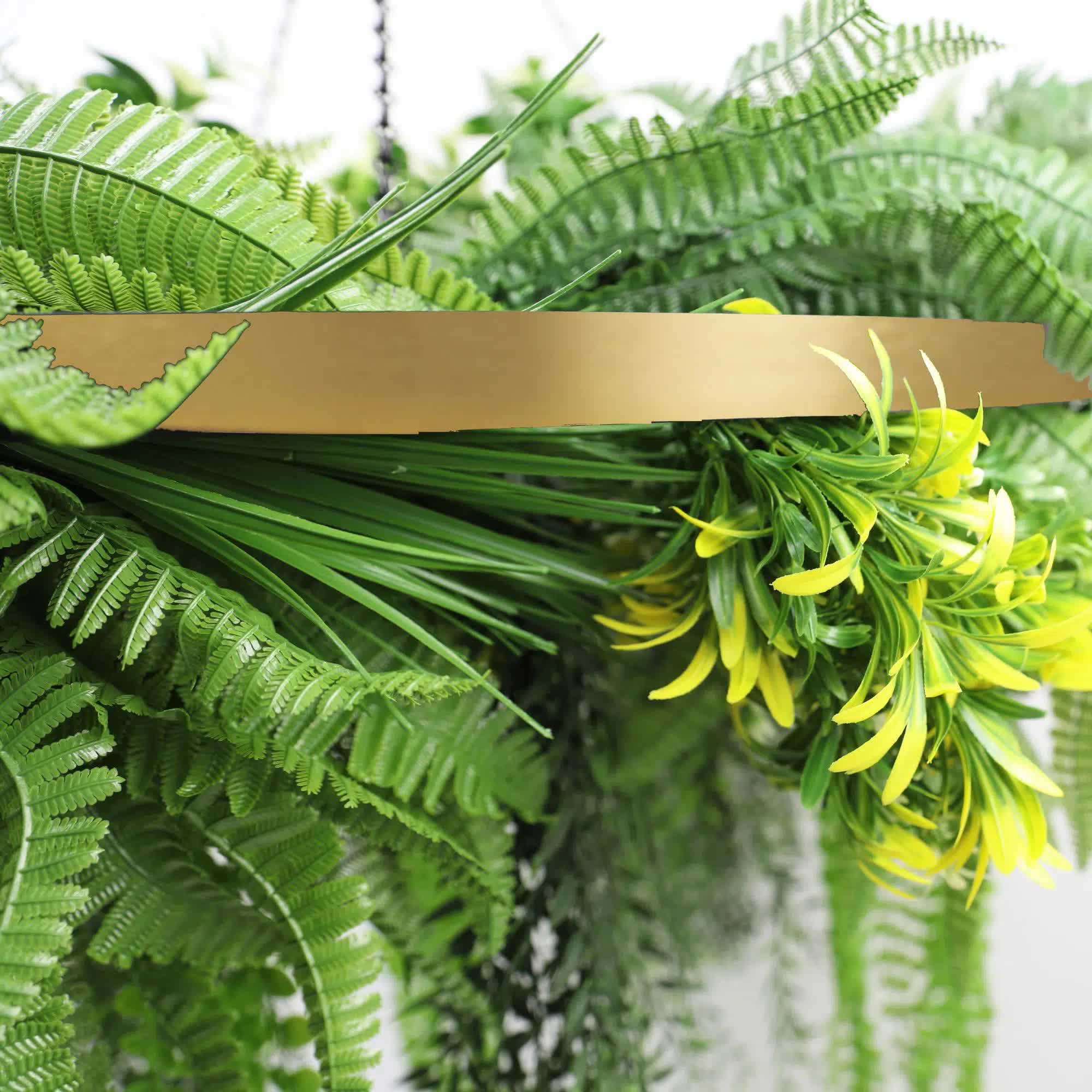 Gold Framed Roof Hanging Disc With Draping Life-Like Ferns and Plants 80cm UV Resistant V637-DP80101