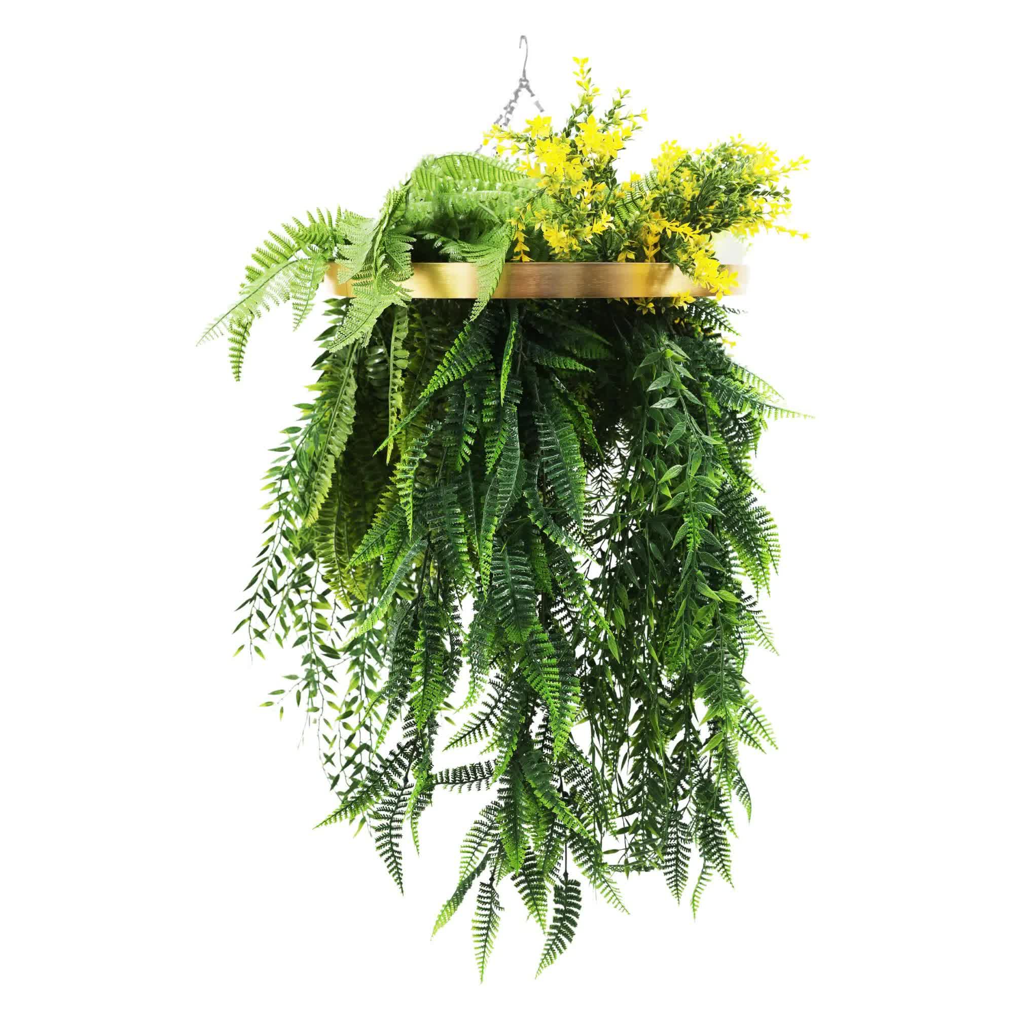 Gold Framed Roof Hanging Disc With Draping Life-Like Ferns and Plants 80cm UV Resistant V637-DP80101