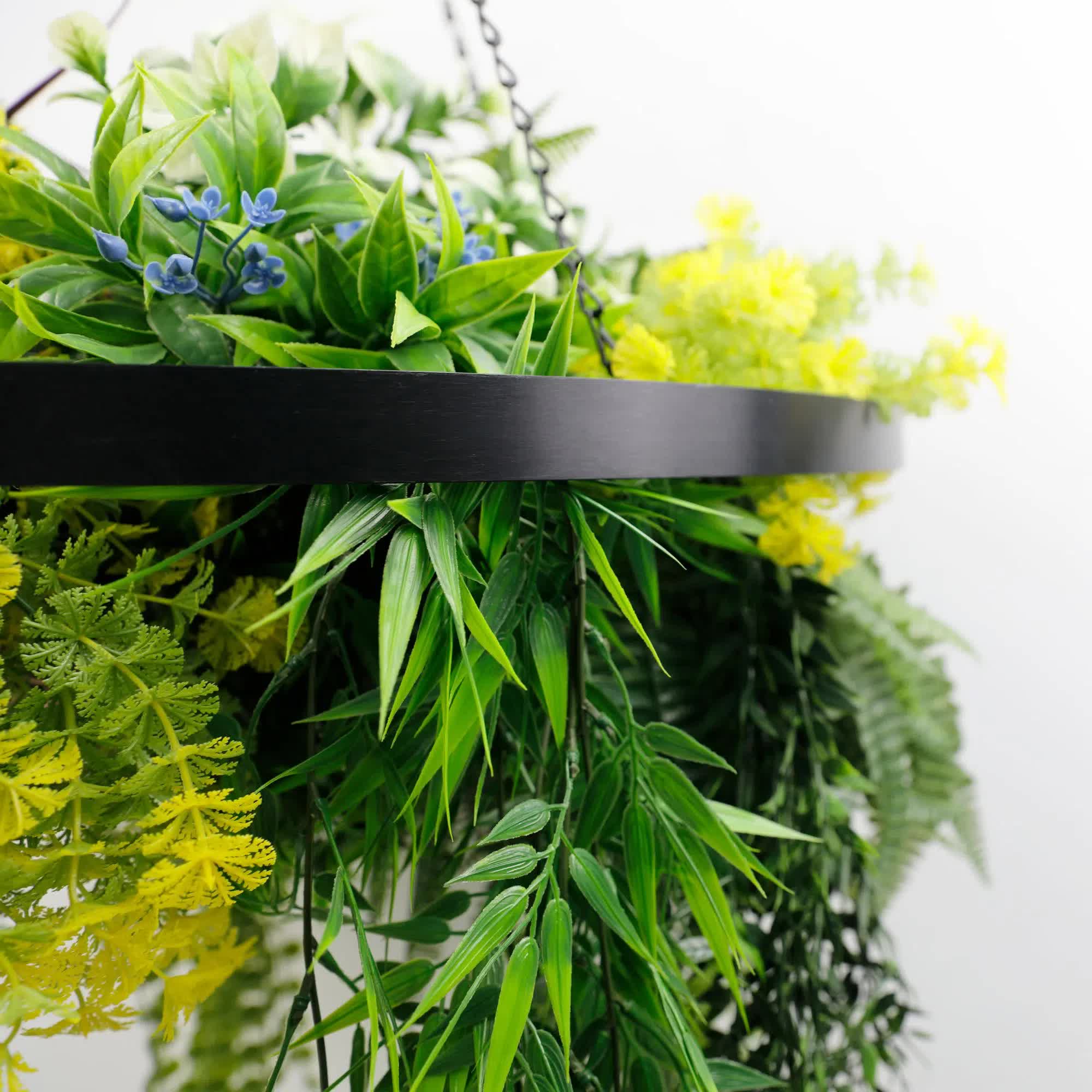 Black Framed Roof Hanging Disc With Tropical Foliage Mix and Draping Stems 60cm UV Resistant V637-DP80103