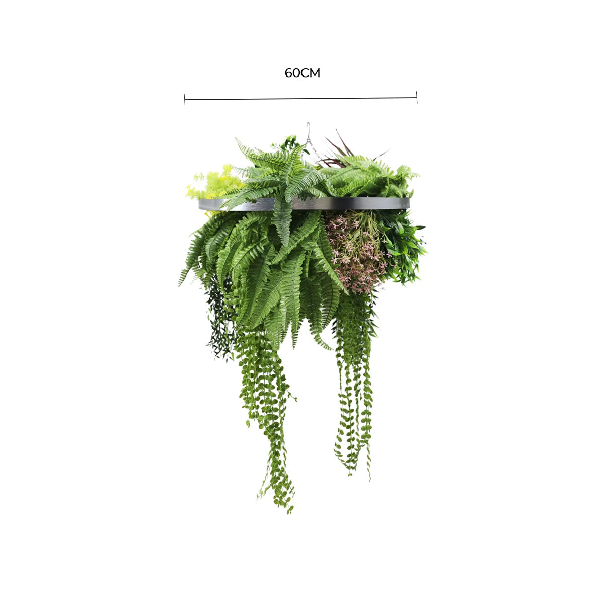 Silver Framed Roof Hanging Disc With Tropical Foliage Mix and Draping Stems 60cm UV Resistant V637-DP80105