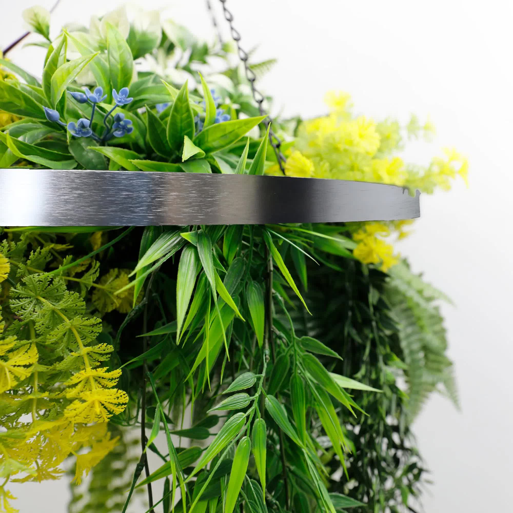 Silver Framed Roof Hanging Disc With Tropical Foliage Mix and Draping Stems 60cm UV Resistant V637-DP80105