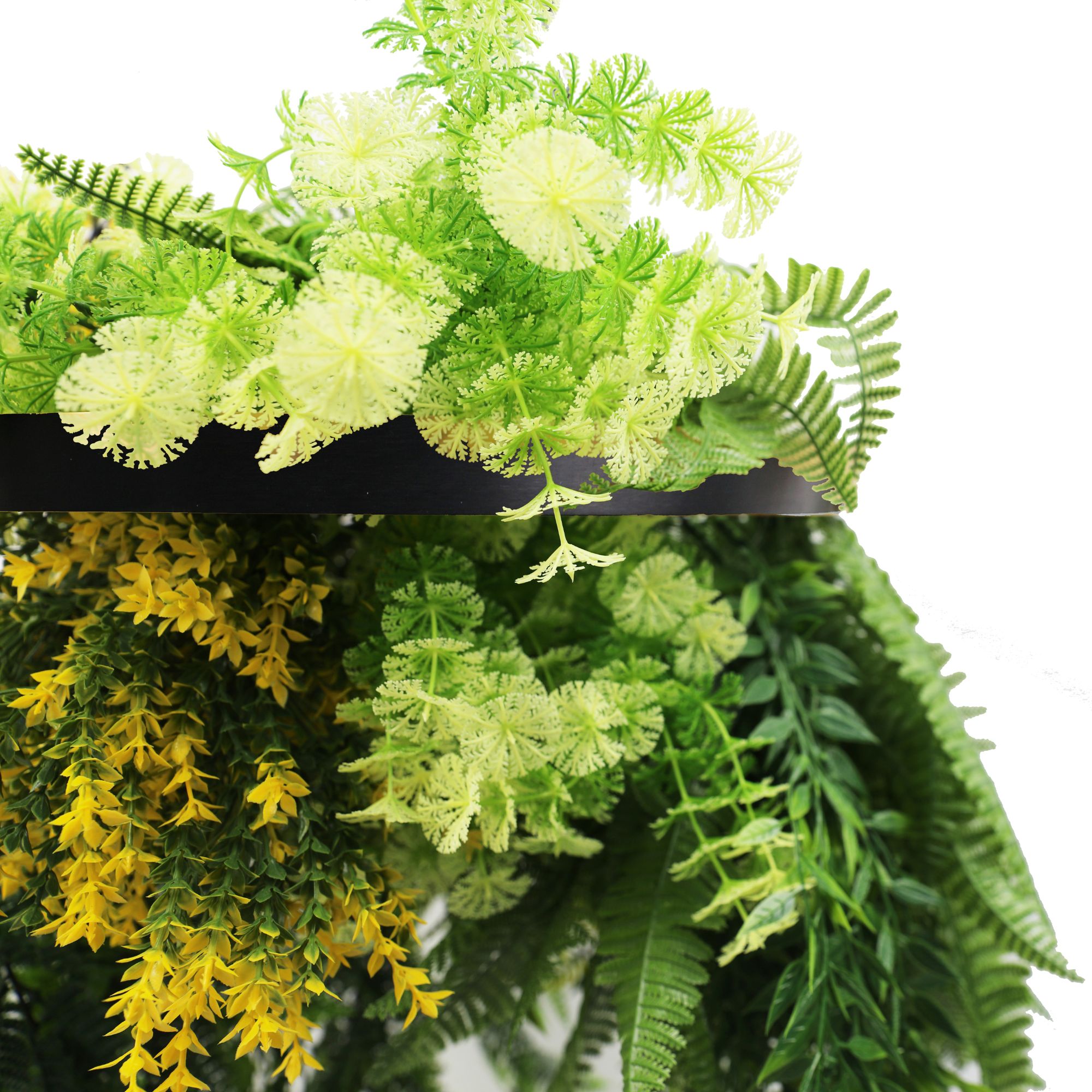 Black Framed Hanging Disc with Bright Tropical Foliage and Draping Ferns 40cm UV Resistant V637-DP80106