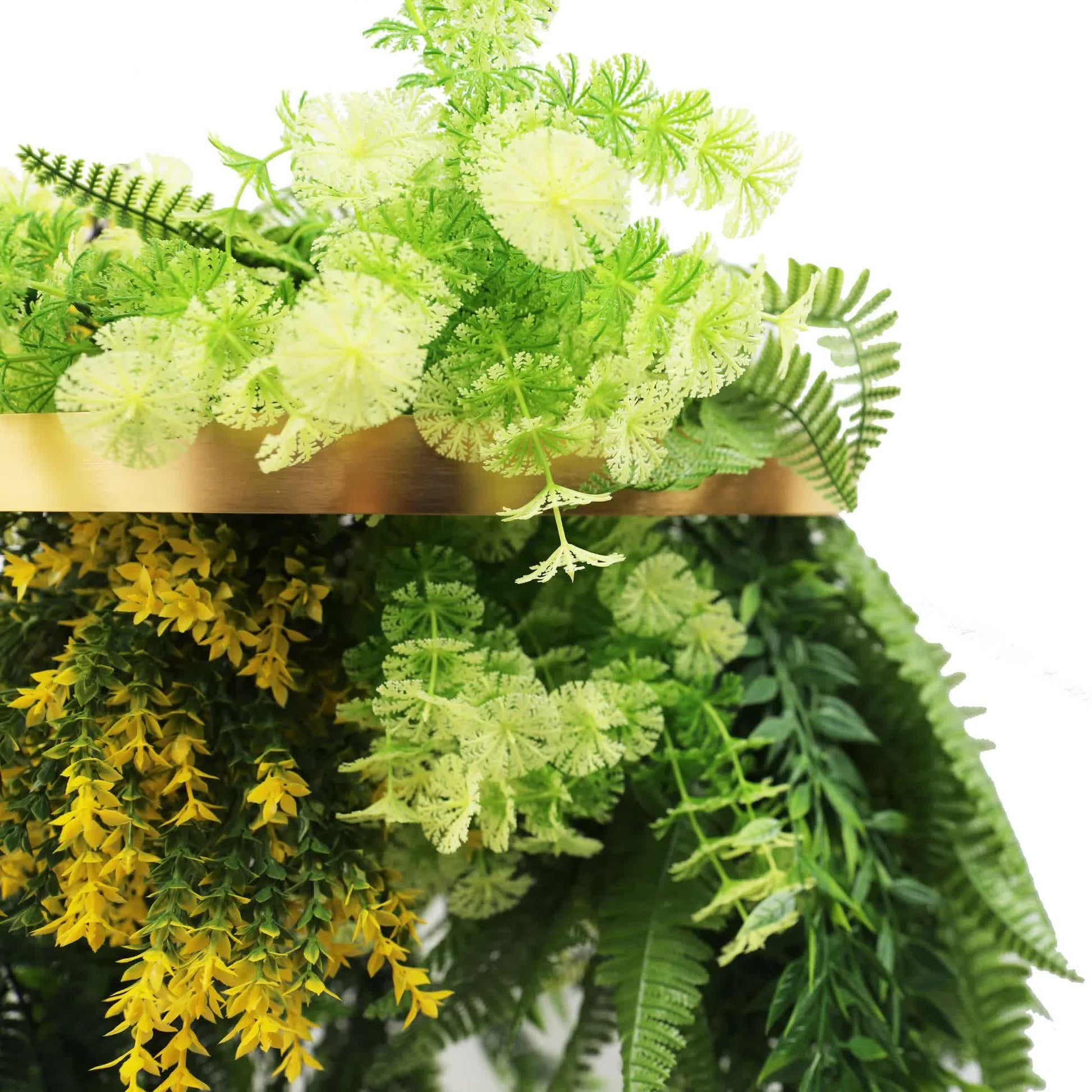 Gold Framed Roof Hanging Disc With Bright Tropical Foliage Mix and Draping Ferns 40cm UV Resistant V637-DP80107