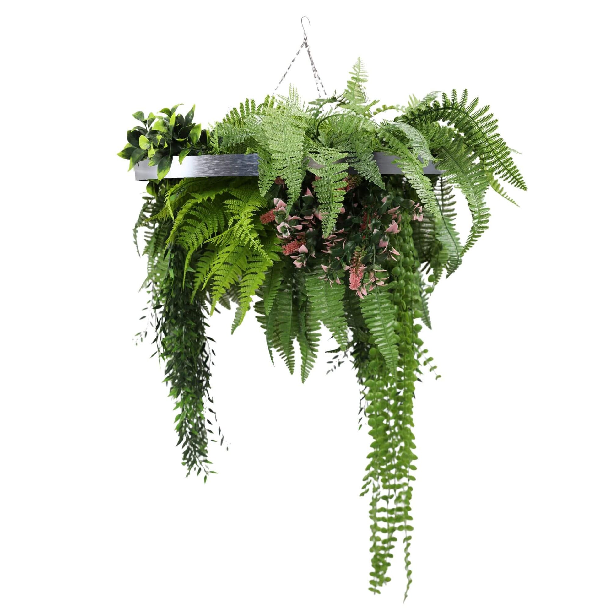 Silver Framed Roof Hanging Disc with Draping Life-Like Plants UV Resistant 60cm V637-DP88001S