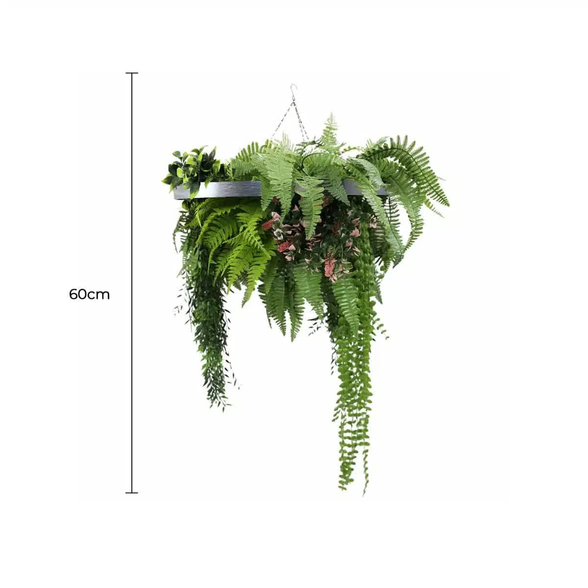 Silver Framed Roof Hanging Disc with Draping Life-Like Plants UV Resistant 60cm V637-DP88001S