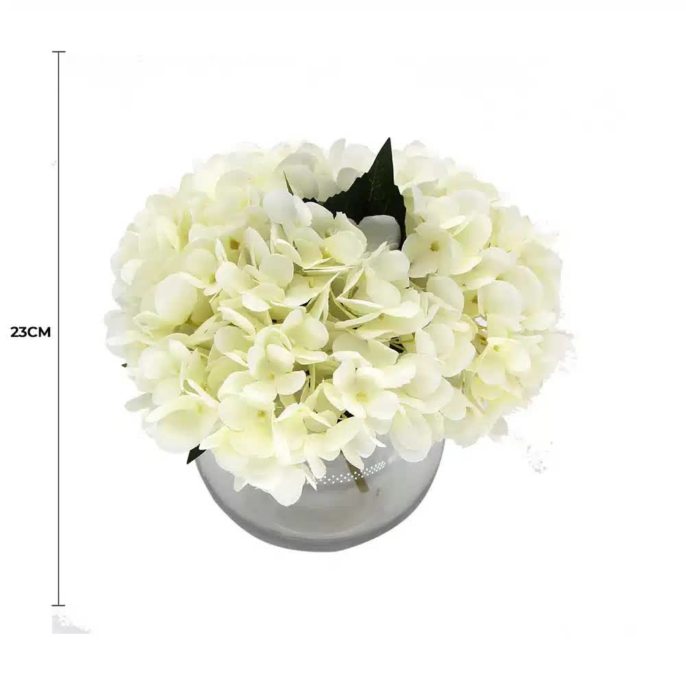 Premium Faux Hydrangea with Glass Vase (Artificial Flowering White Hydrangea) 23cm V637-DP88014