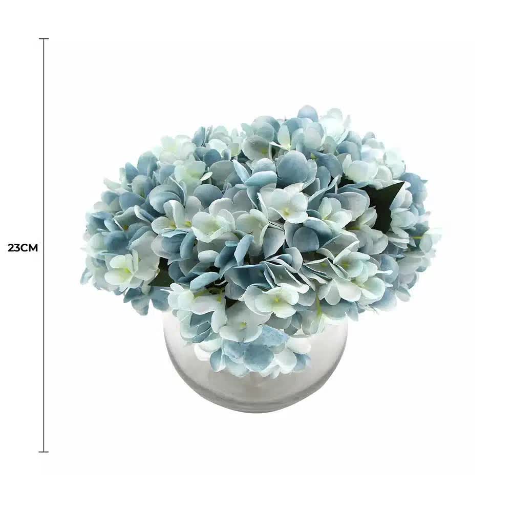Premium Faux Hydrangea with Glass Vase (Artificial Flowering Blue Hydrangea) 23cm V637-DP88015
