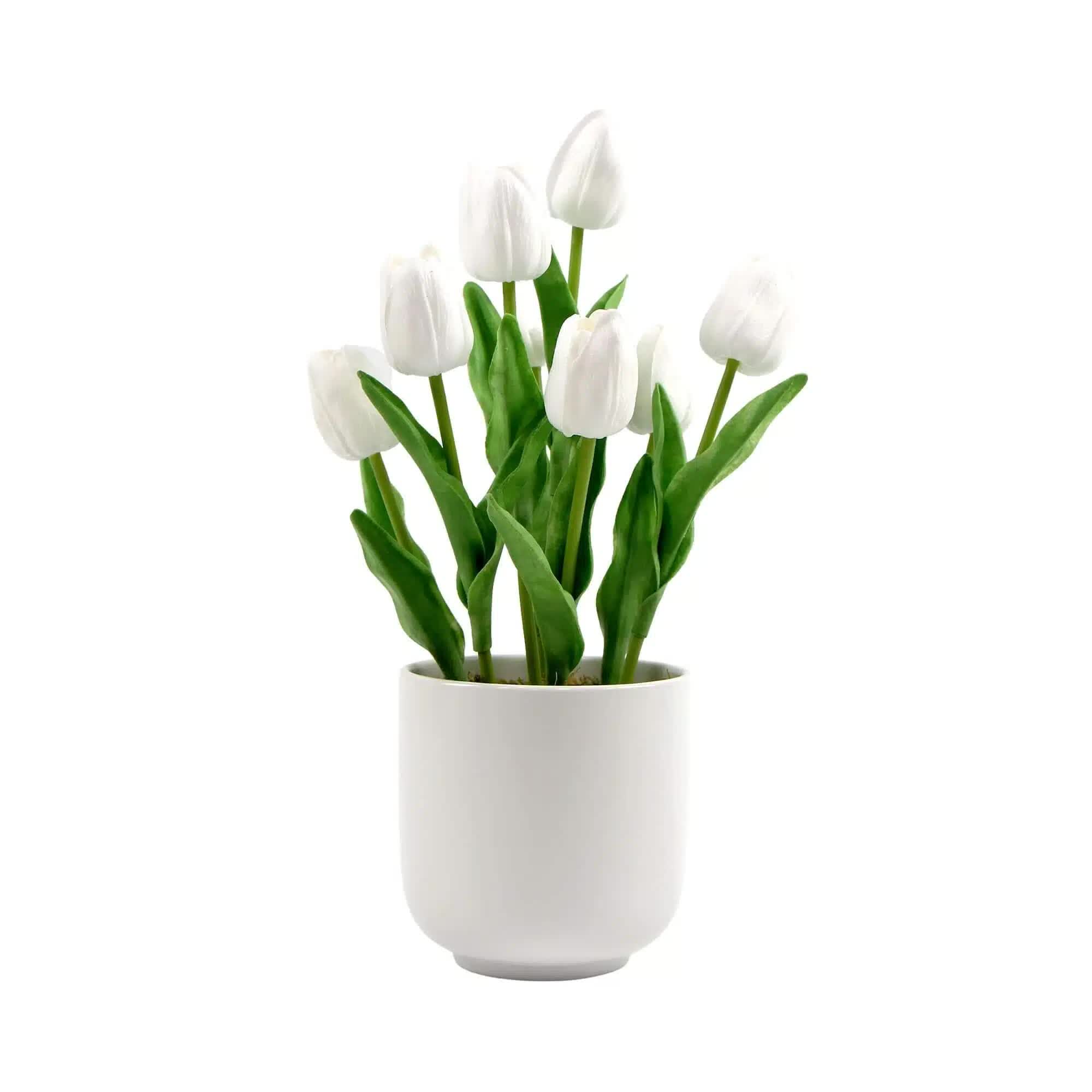 Flowering White Artificial Tulip Plant Arrangement With Ceramic Bowl 35cm V637-DP8870015