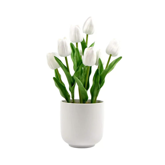 Flowering White Artificial Tulip Plant Arrangement With Ceramic Bowl 35cm V637-DP8870015