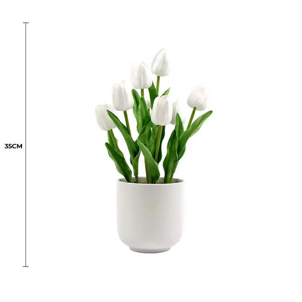 Flowering White Artificial Tulip Plant Arrangement With Ceramic Bowl 35cm V637-DP8870015