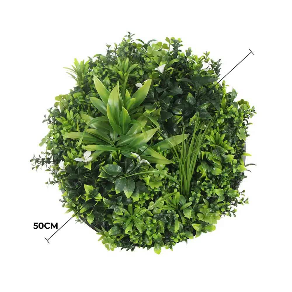 Slimline Flowering White Artificial Green Wall Disc UV Resistant 50cm (Black Frame) V637-DP8880002