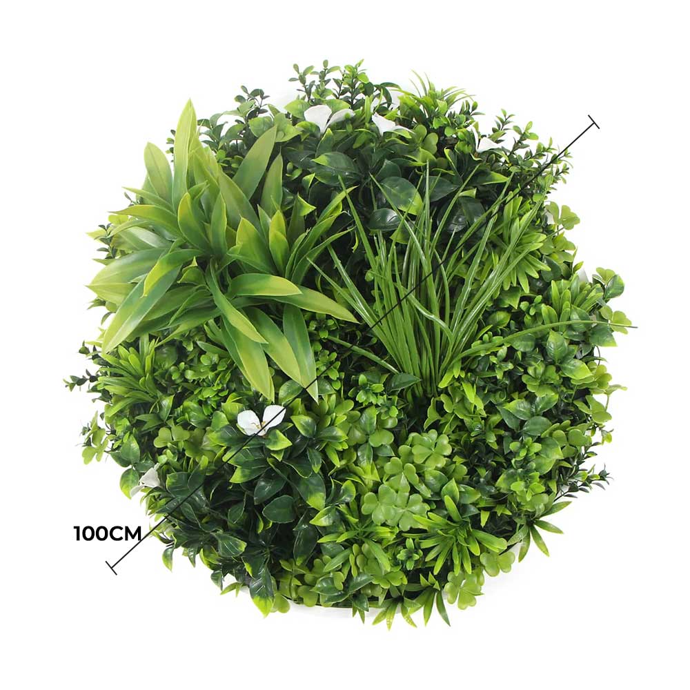 Slimline Flowering White Artificial Green Wall Disc UV Resistant 100cm (White Frame) V637-DP8880023
