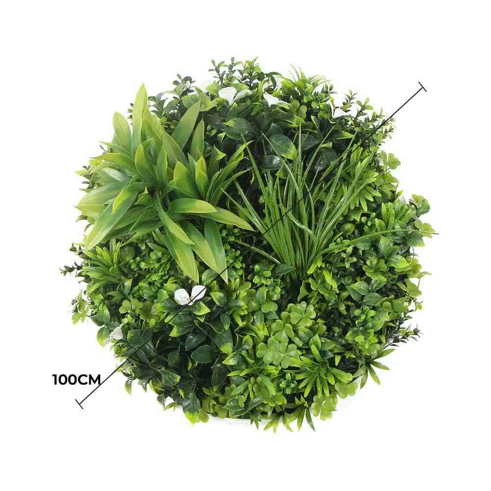 Slimline Flowering White Artificial Green Wall Disc UV Resistant 100cm (Black Frame) V637-DP8880024