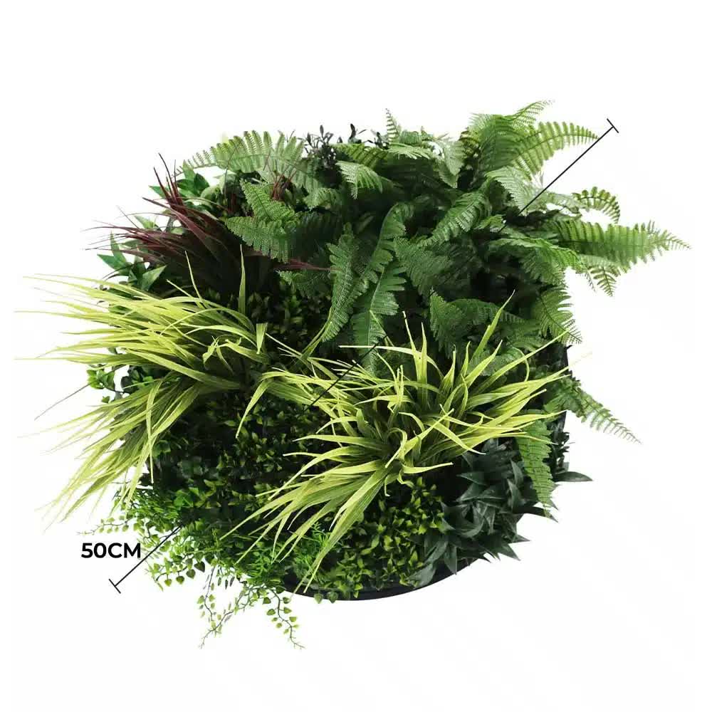 Slimline Artificial Green Wall Disc Art 50cm Grassy Fern Fields UV Resistant (Black) V637-DP9852