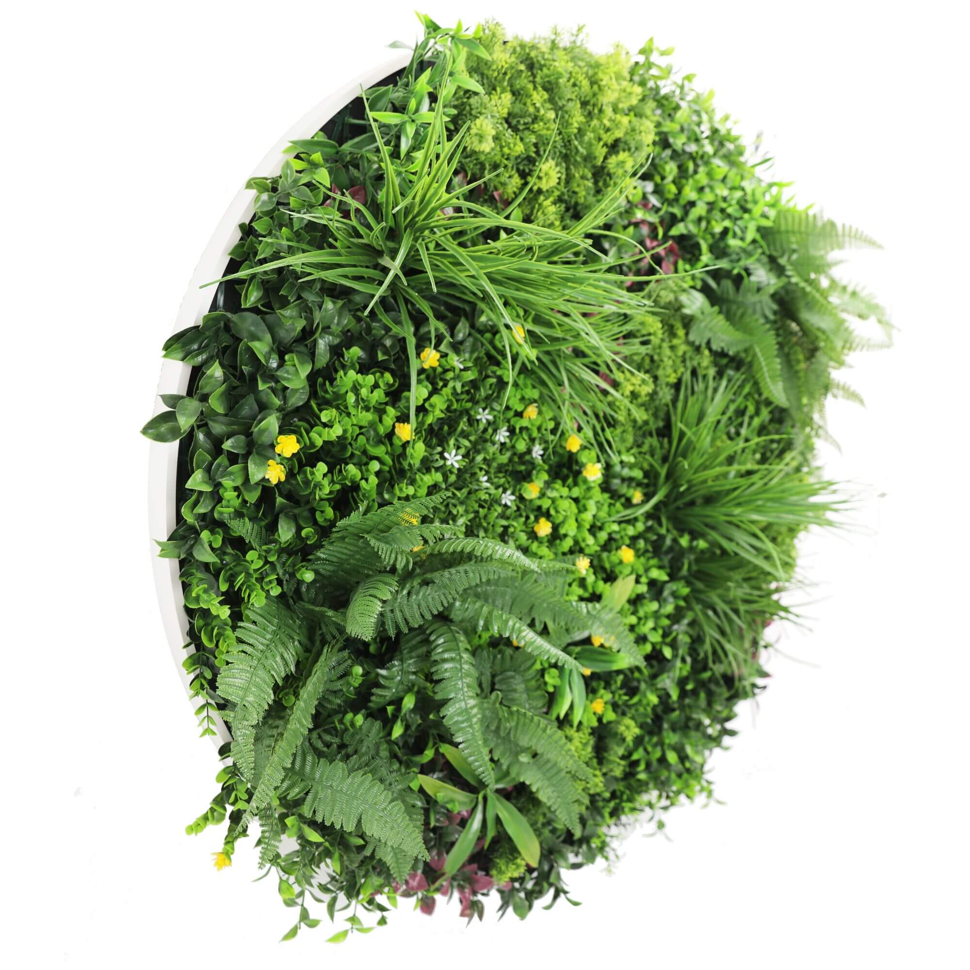 Slimline Artificial Green Wall Disc Art 100cm Country Fern UV Resistant (White) V637-DP9966