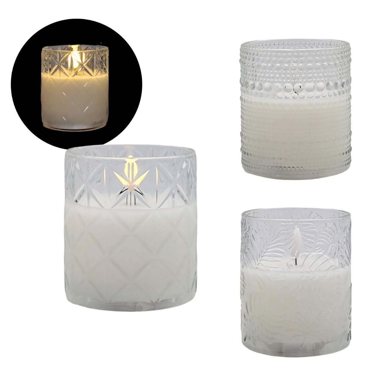 bulk 12 Patterned Glass Jar Led Candle Assort 10cm V637-GCH37470