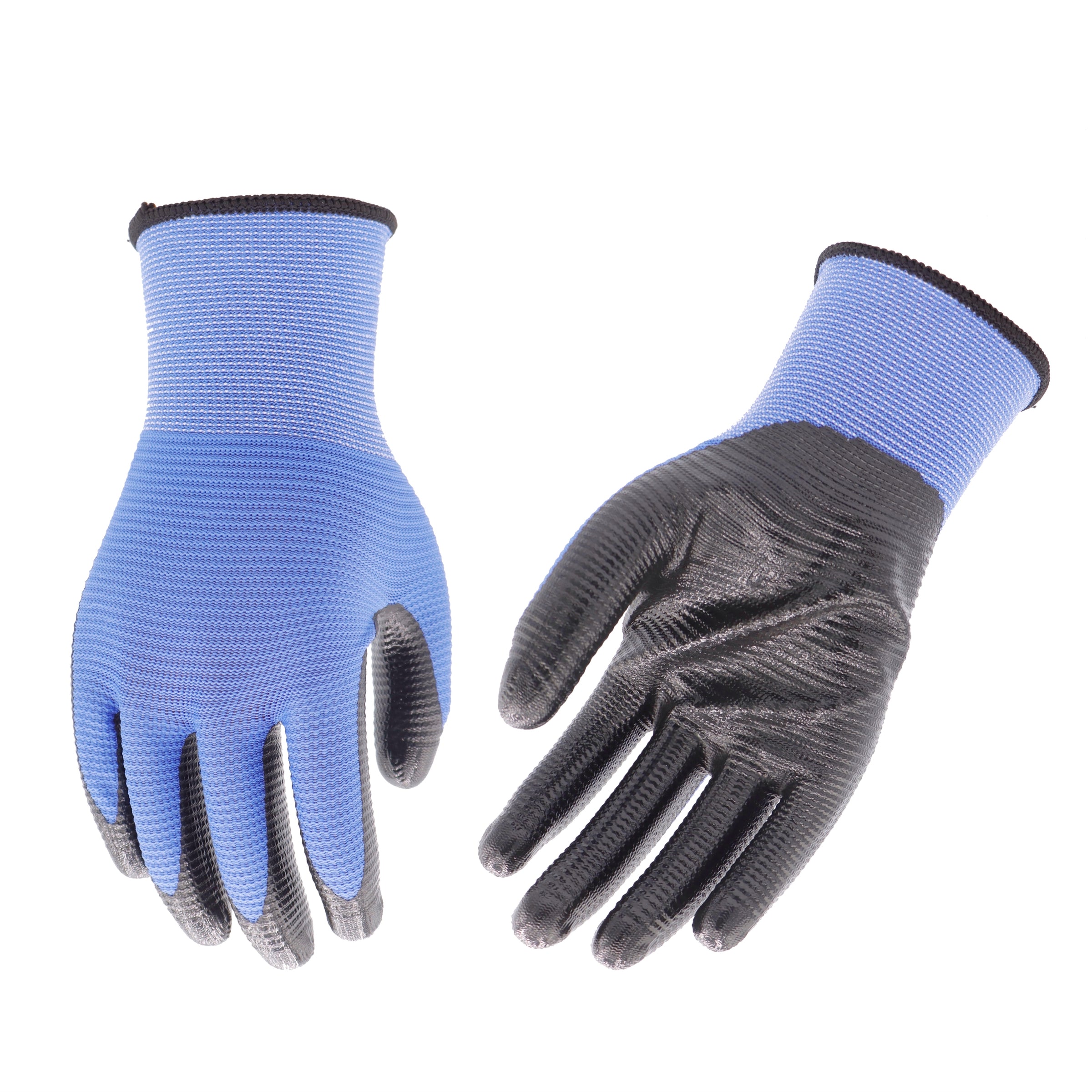 bulk 24 Blue U3 Polyester Shell w Black Nitrile Garden Gloves V637-GRT32794