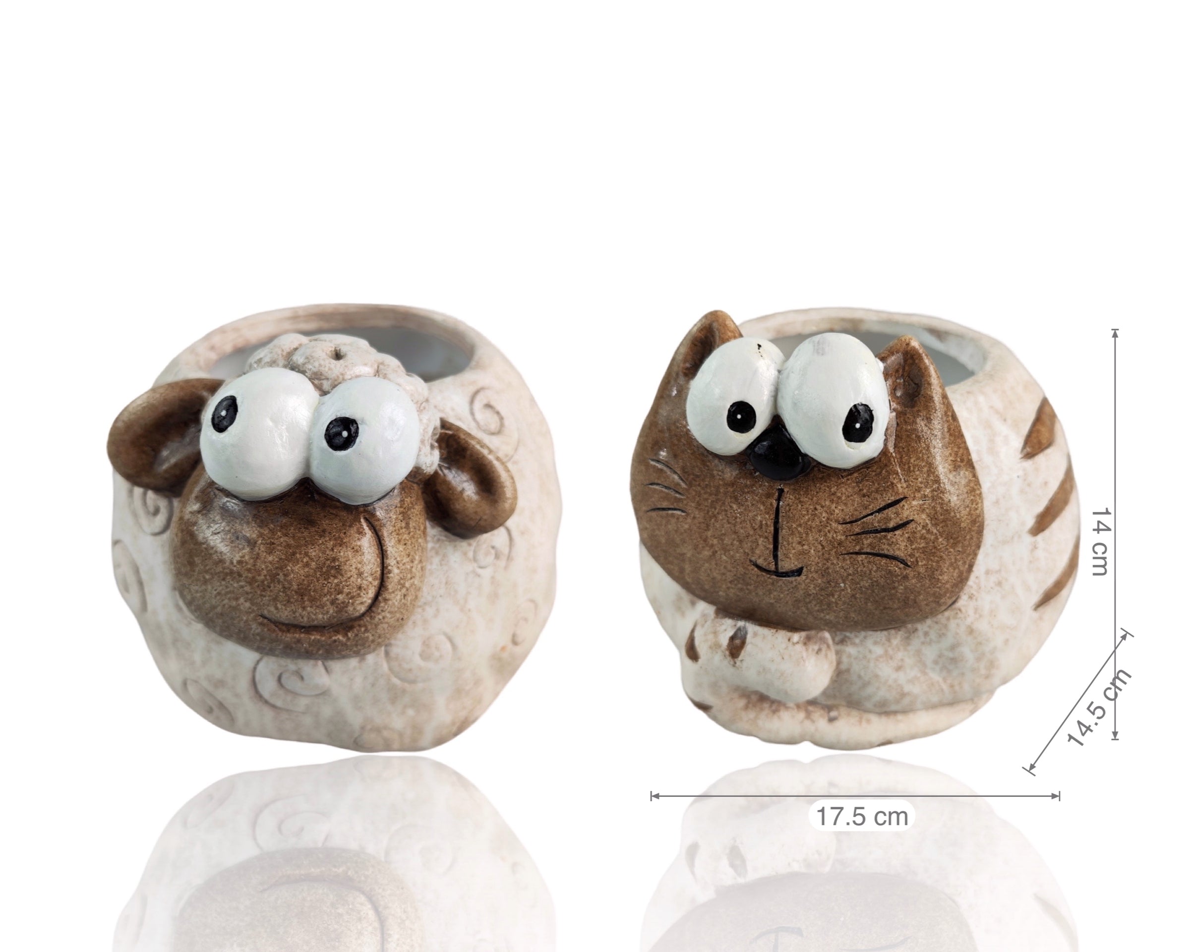 Set 2 Ceramic Sheep & Cat Planter 15cm V637-GRT34228