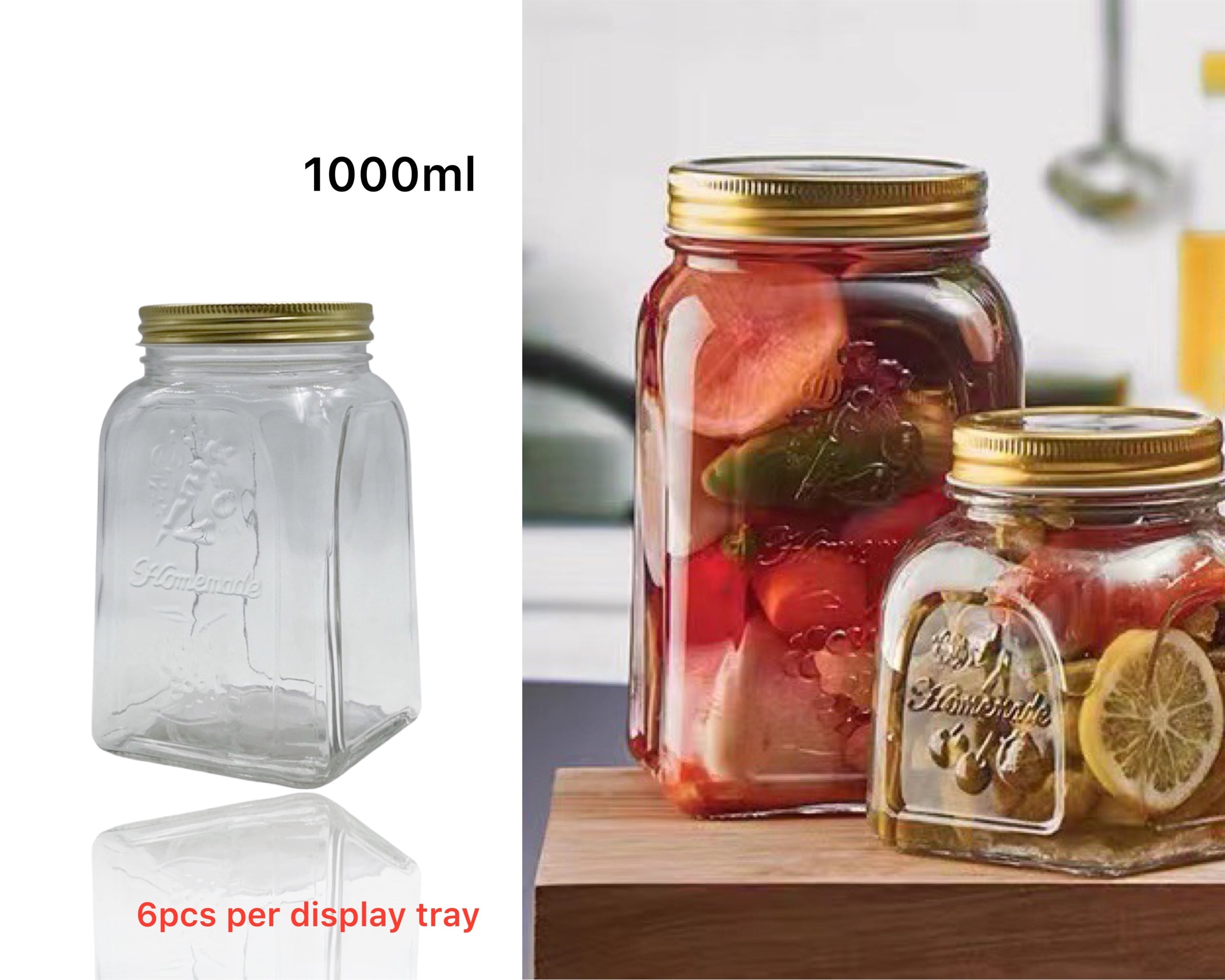 bulk 18 Glass Square Jar w Gold Metal Lid 1000ml V637-KIT31751