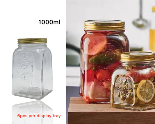 bulk 18 Glass Square Jar w Gold Metal Lid 1000ml V637-KIT31751