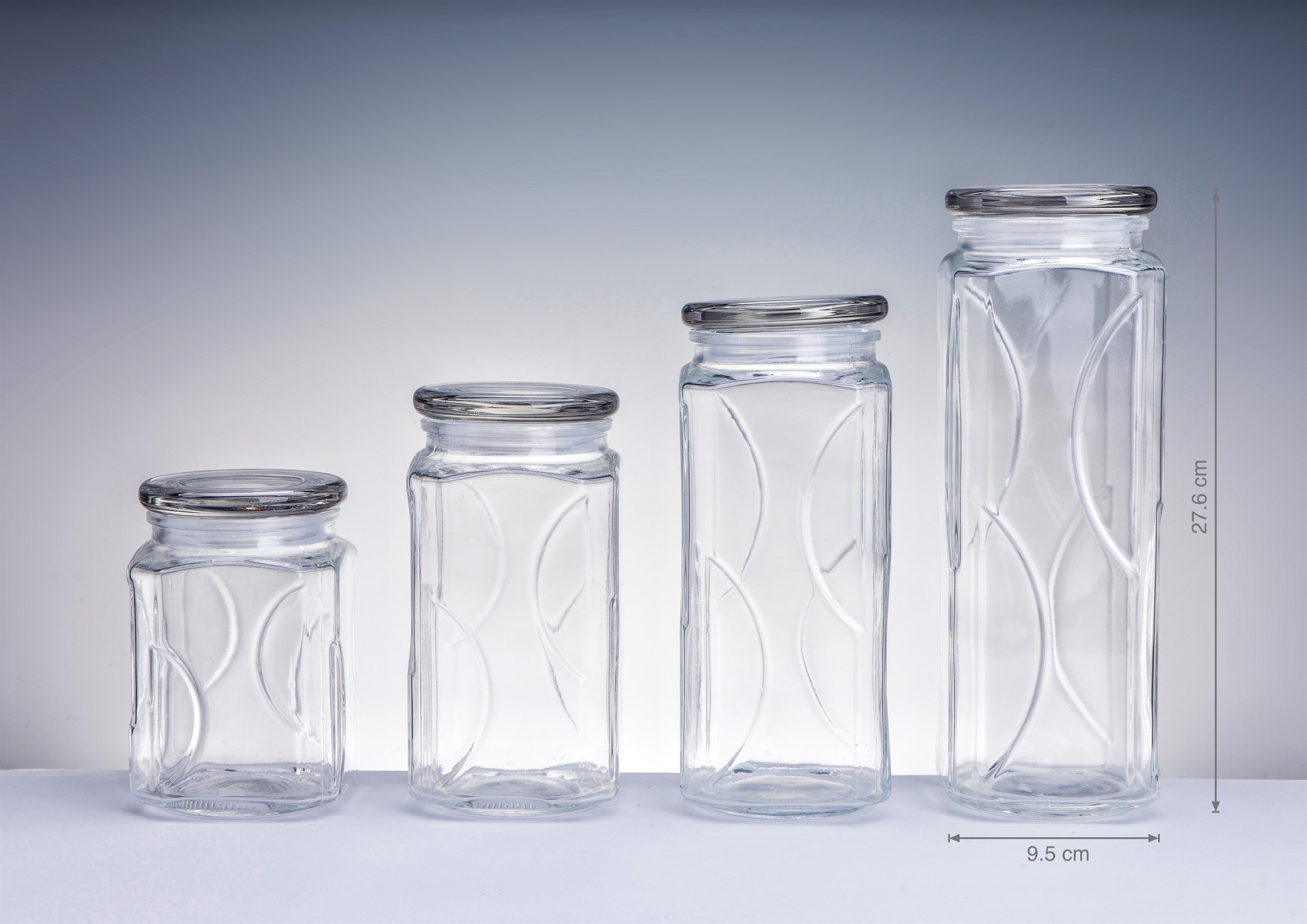 bulk 12 Swirl Embossed Squ Glass Jar w Glass Lid 27cm V637-KIT31846
