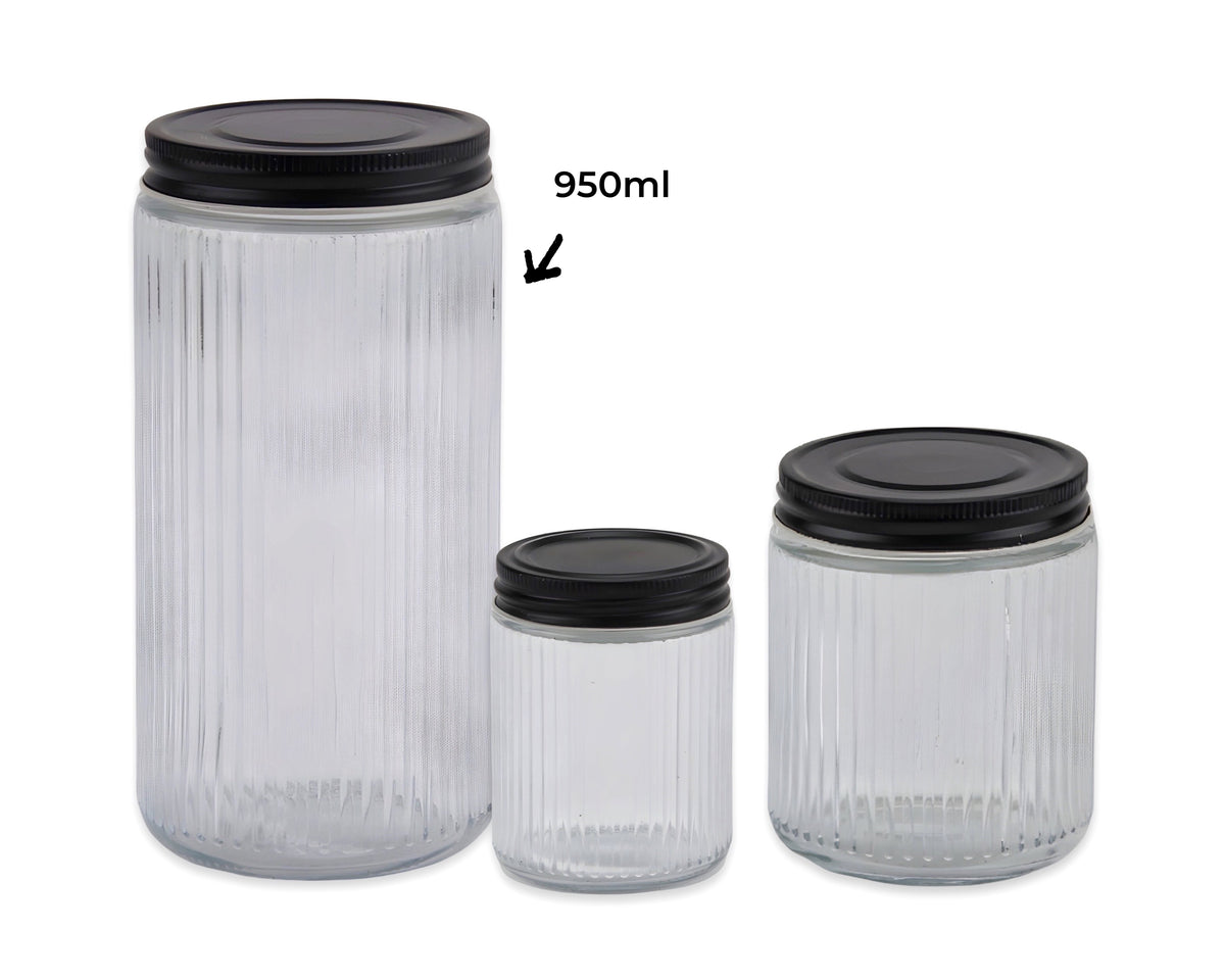 bulk 12 Ribbed Glass Jar With Metal Lid 950ml 9x19cm V637-KIT35077