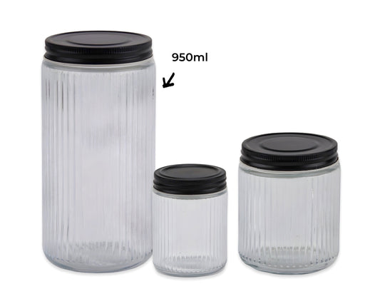 bulk 12 Ribbed Glass Jar With Metal Lid 950ml 9x19cm V637-KIT35077