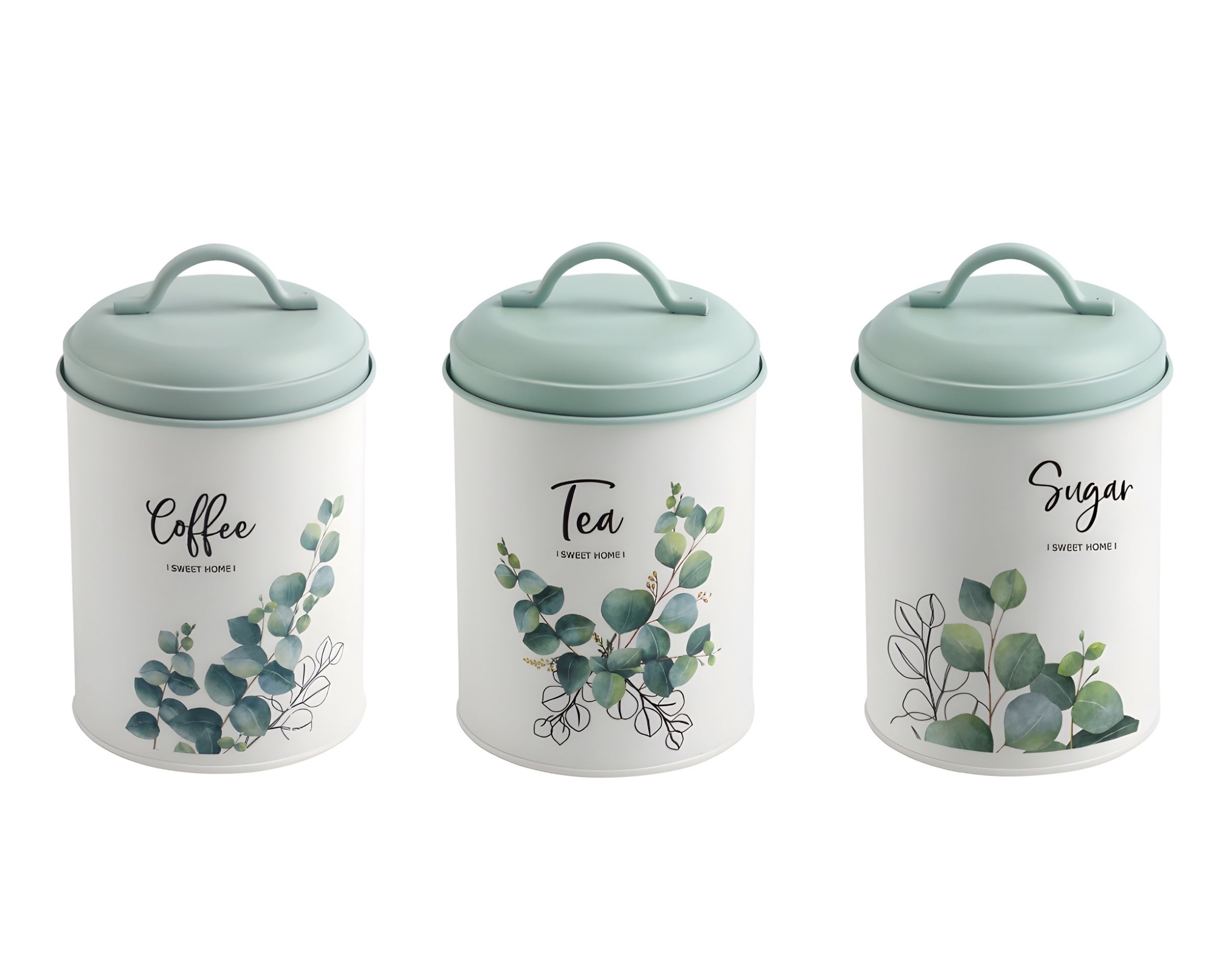 Set 3 Eucalyptus Metal Coffee Tea Sugar Storage Tins 11x18cm V637-KIT35885