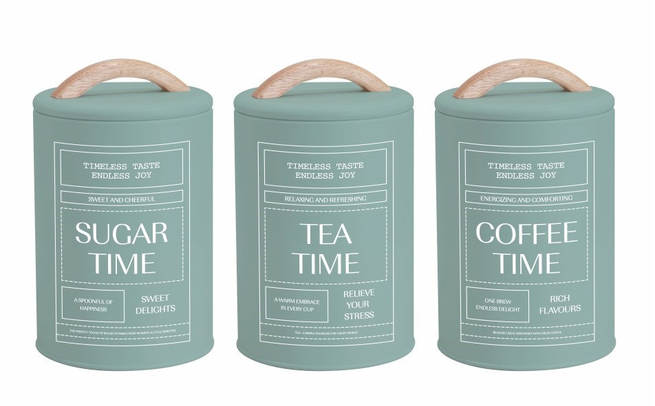 Set 3 Sage Green Metal Coffee Tea Sugar Storage Tins 11x19cm V637-KIT38455