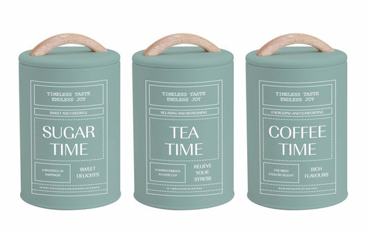 Set 3 Sage Green Metal Coffee Tea Sugar Storage Tins 11x19cm V637-KIT38455