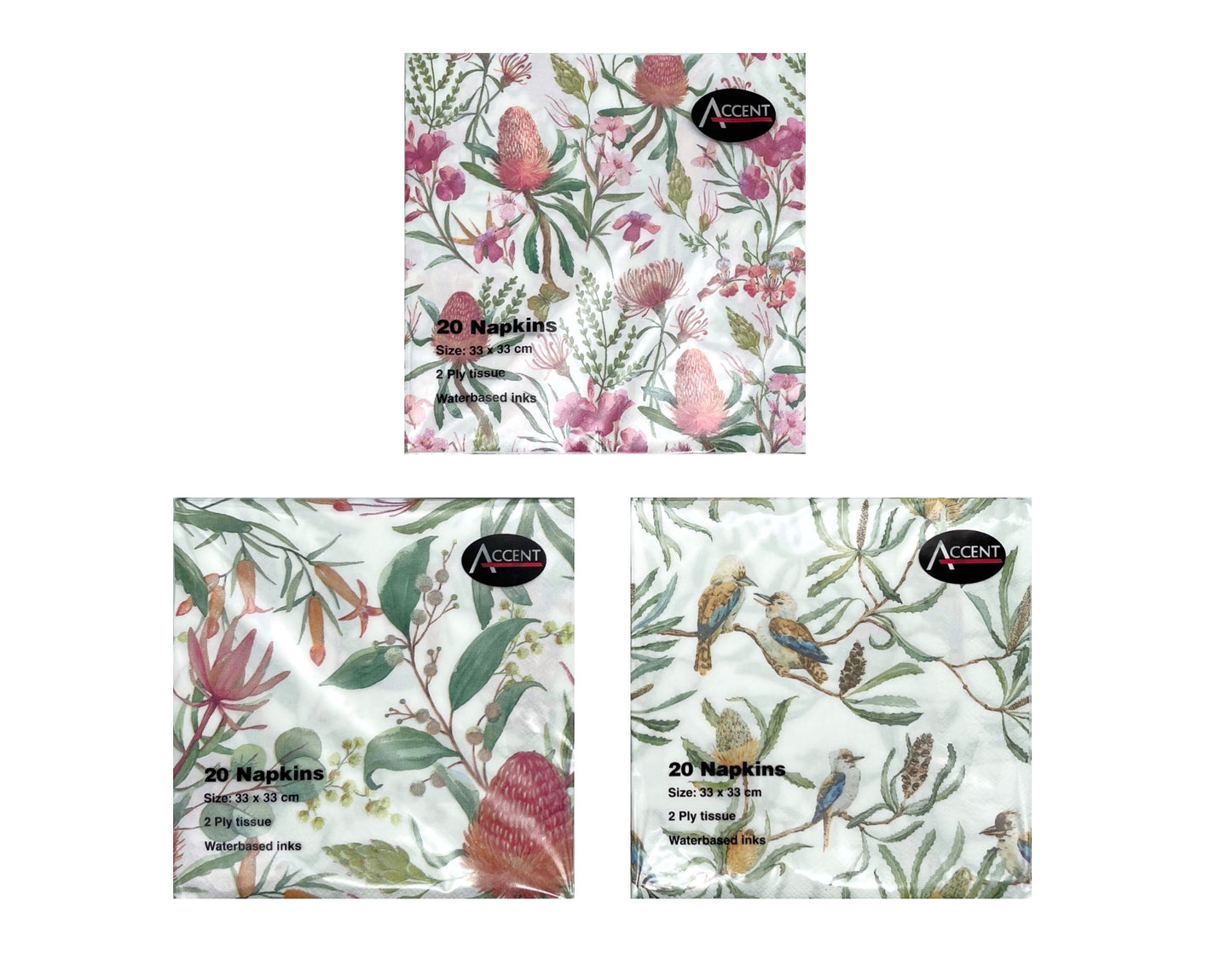 bulk 48 Australian Native Napkin 2Ply 4 Assorted 33cm V637-PAR30959