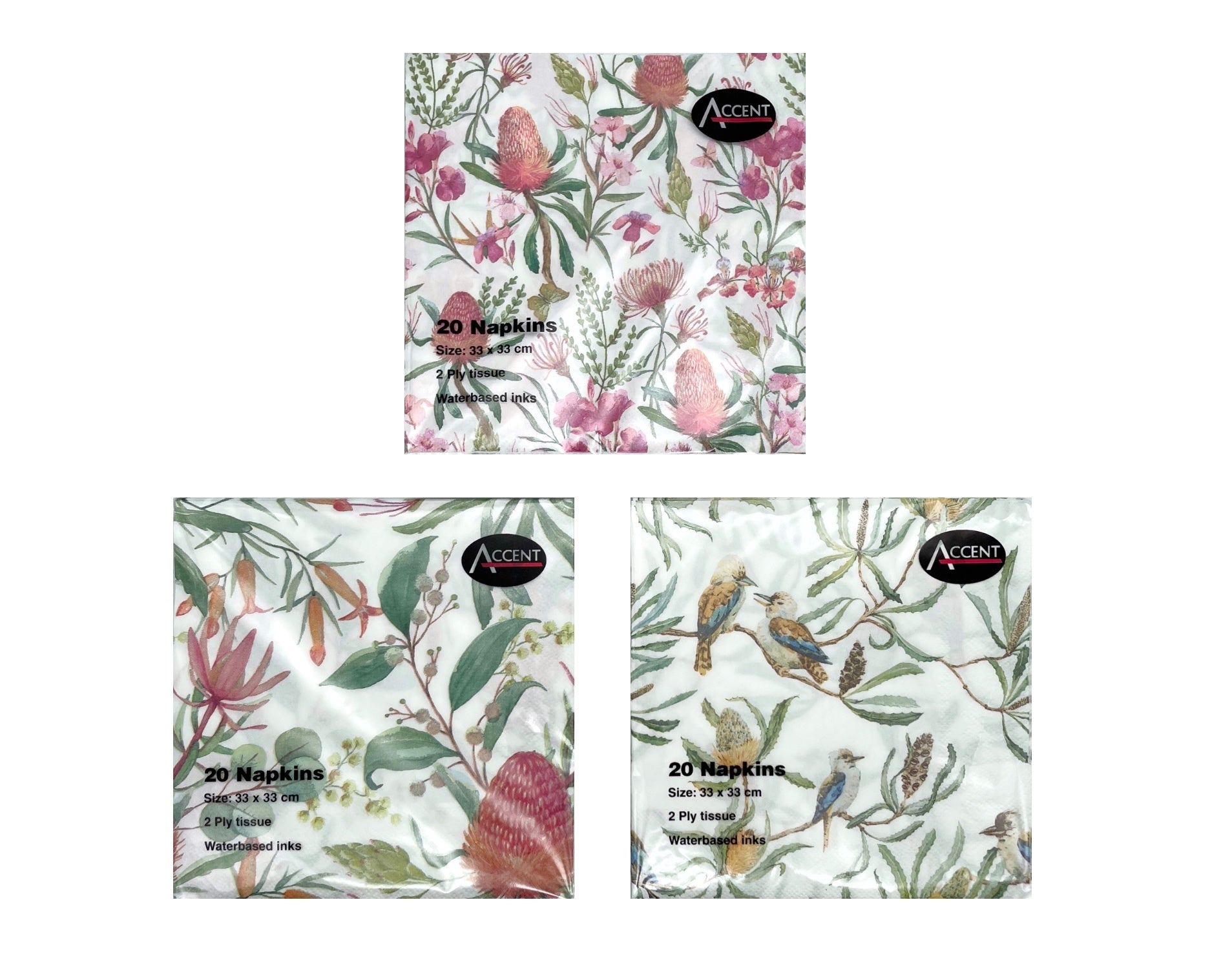 bulk 48 Australian Native Napkin 2Ply 4 Assorted 33cm V637-PAR30959