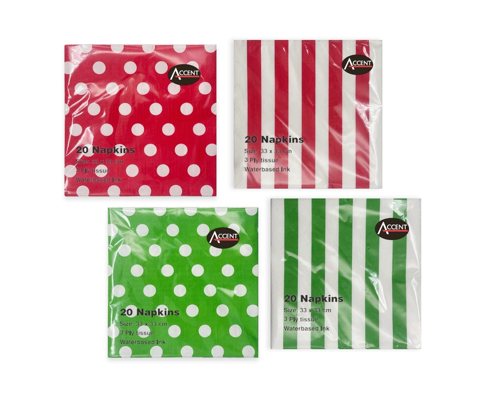 bulk 960 Red & Green Dots Stripes 2ply Napkin 33cm V637-PAR34143