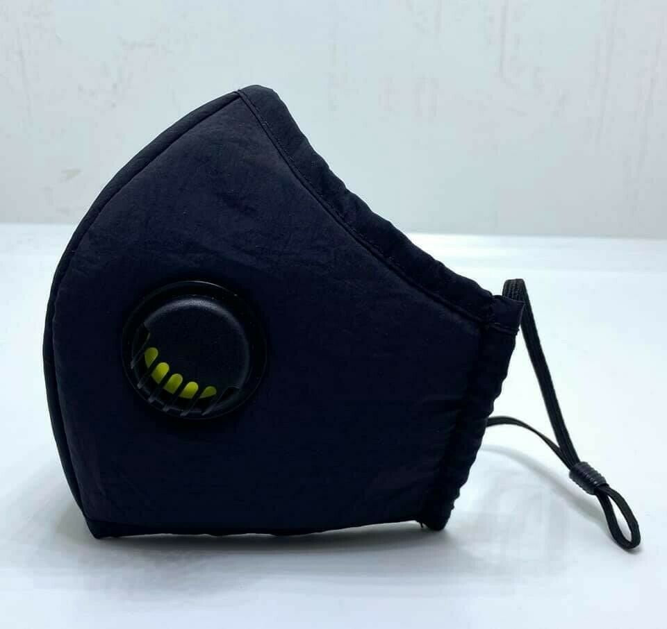 Adult Face Mask Black Reusable Adjustable w Breathing Valve 3Ply V637-RFMB