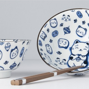 Bowl Set 2pcs with Chopsticks Maneki Cat Blue Design V637-RW0001
