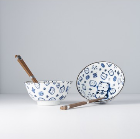 Bowl Set 2pcs with Chopsticks Maneki Cat Blue Design V637-RW0001